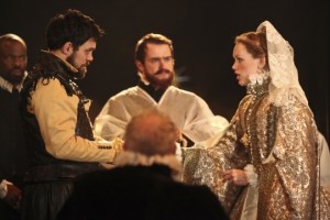 Cardenio production photo Cardenio production photo - Alex Hassell as Fernando, Christopher Chilton as Priest, Lucy Briggs-Owen as Luscinda