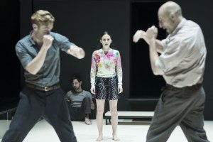 Luke Norris, Emun Elliott, Phoebe Fox and Mark Strong in A View from the Bridge. Photo by Jan Versweyveld