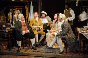 Mr Foote's Other Leg at Hampstead Theatre. Simon Russell Beale (Samuel Foote), Ian Kelly (Prince George), Jenny Galloway (Mrs Garner), Dervla Kirwan (Peg Woffington), Joseph Millson (David Garrick) and Micah Balfour (Frank Barber) © Nobby Clark