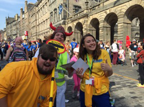Passing Places cast members Andrew Dart, Ciaran Drysder and Brodie Cummins on the Royal Mile