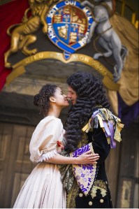Gugu Mbatha-Raw as Nell and David Sturzaker as Charles II. Photo by Tristram Kenton