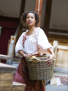 Gugu Mbatha-Raw as Nell in Nell Gwynn by Jessica Swale at Shakespeare's Globe. Photo by Tristram Kenton