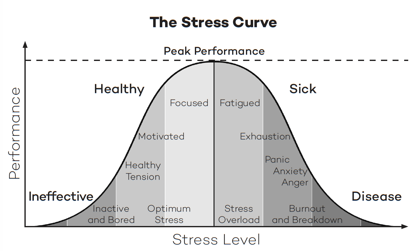 A graph titled 'The Stress Curve', with 'Stress Level' on the x-axis and 'Peformance' on the y-axis. The bottom-left