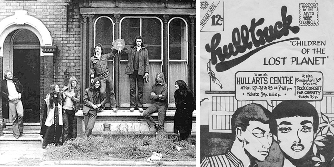 Left: the original Hull Truck company (with Mike Bradwell on far left) outside the Coltman Street house in May 1972. Right: the poster for Children of the Lost Planet, Hull Truck’s inaugural production.
